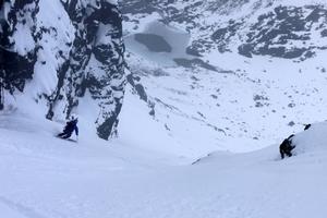 The Great Stone Shoot, Coire Lagan, Skye: Skiing the lower section of the gully Photo: Al Todd