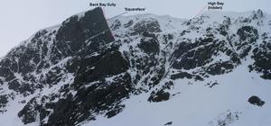 Back Bay Gully, Beinn a'Bhuird: Garbh Choire: The location of Back Bay Gully, and the High Bay line from below.  Photo: Scott Muir