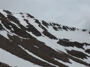 Coire an Lochain Uaine, Cairn Toul: May 2014:  Looking back up the direct line below the summit. Photo: Scott Muir