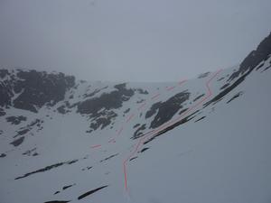 North West slope, Beinn a'Bhuird: Coire na Ciche: The line, and possible alternative from within the corrie. Photo: Scott Muir