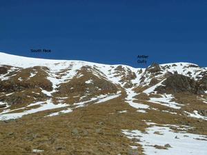 Druim Mòr South face, Glas Maol: Caenlochan: A view from below Druim Mòr in very lean conditions Photo: Philip Ebert