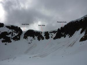 Pinnacle Gully, Braeriach: Garbh Choire Mór: Garbh Choire Mor, showing some of the major lines. Photo: Scott Muir