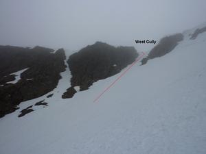 West Gully, Braeriach: Garbh Choire Mór: Ascending the slope on the far (climbers) right, looking across to the top of West Gully.  The gully to the left may actually be the line of West Gully itself - a steeper and narrower proposition! Photo: Scott Muir