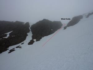 West Gully, Braeriach - Garbh Choire Mór: Ascending the slope on the far (climbers) right, looking across to the top of West Gully.  The gully to the left may actually be the line of West Gully itself - a steeper and narrower proposition! Photo: Scott Muir