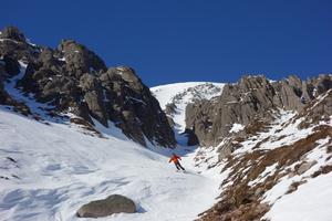 Beast from the East, Sgòr Gaoith and Sgòran Dubh Mòr: Chris Fryer exiting the gully in 2018 Photo: Scott Muir