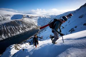 Sgòr Gaoith and Sgòran Dubh Mòr: Philip Ebert and Scott Muir climbing back out on the ridge between KC and BftE Photo: Hamish Frost