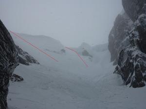 Number 3 Gully, Ben Nevis: Looking up to the cornice in Number 3.  The easiest slide in the left hand line (skiers right).  The other line may be possible if the left hand line is scoured. Photo: Scott Muir