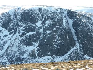 Central Gully, Creag an Dubh-loch & Eagles Rock: Creag an Dubh Loch from above Eagles Rock.  South-East gully is on the left, with the broader and longer Central Gully on the right Photo: Scott Muir