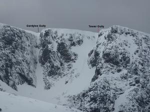 Tower Gully, Ben Nevis: The top of Tower Gully, viewed from Carn Mor Dearg Photo: Scott Muir