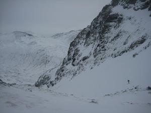 An Chul-Choire, Aonach Mor: Heading down the upper bowl below the col. Photo: Chad Harrison