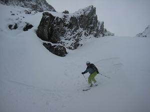 An Chul-Choire, Aonach Mor: Heading out of the gully. Photo: Chad Harrison