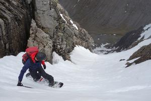 Tower Gully, Ben Nevis: Snowboard descent, 22nd of May 2016.  There were about 30 descents of Tower Gully that weekend! Photo: Scott Muir