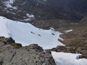A Minus Gully, Beinn Bhrotain: Looking down the gully, mid-May 2014 Photo: Scott Muir