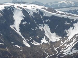 B Gully, Beinn Bhrotain: Coire Cath nam Fionn from the North, early May 2014 Photo: Scott Muir