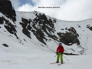 Main Rake, Beinn a'Bhuird: Coire an Dubh Lochain: Showing the line taken by Andy Inglis to bypass the cornice difficulties, April 2014 Photo: Scott Muir