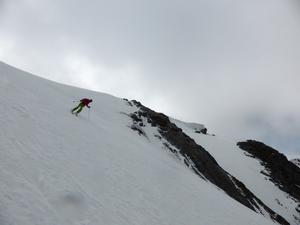 North Wall of A' Chioch, Beinn a'Bhuird: Coire an Dubh Lochain: Skiing the steeper line directly below the col, April 2014 Photo: Scott Muir