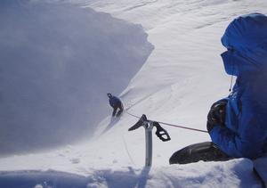 Black Spout, Lochnagar: North-East Corrie: Checking out the cornice. Photo: Dave Smith