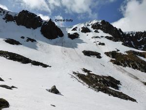 Central Gully, Lochnagar: North-East Corrie: Looking up Central Gully, April 2014 Photo: Scott Muir