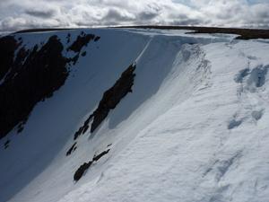 Headwall of the South Lobe, Beinn a'Bhuird: Coire nan Clach: Standing at the top of the middle of the 3 entry points marked in the south lobe, looking south.  The southern entry point starts on the prominent nose. Photo: Scott Muir