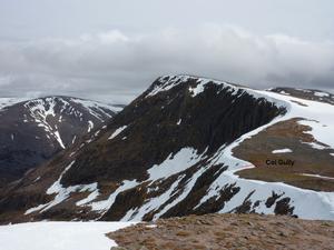 Col Gully, Braeriach: Garbh Choire Mór: Looking East towards Sgor an Lochain Uaine, showing the location of Col Gully. Photo: Scott Muir