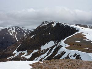 Col Gully, Braeriach - Garbh Choire Mór: Looking East towards Sgor an Lochain Uaine, showing the location of Col Gully. Photo: Scott Muir