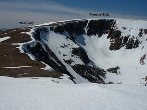 Pinnacle Gully, Braeriach - Garbh Choire Mór: The view West from Sgor an Lochain Uaine, showing the top of Col Gully. Photo: Scott Muir