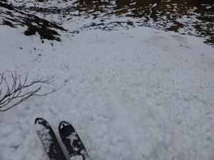 D Gully, Corrie Fee, Mayar: what you may find you are skiing on after a thaw. Photo: Scott Muir