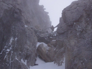 Fuselage Gully, Beinn Eighe: Looking up to the wreckage in a very lean year. Photo: Dave Kerr