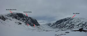 Central Gully, Creag an Dubh-loch & Eagles Rock: The dubh-loch from the East, showing both Creag an Dubh-loch, and Eagles Rock Photo: Scott Muir
