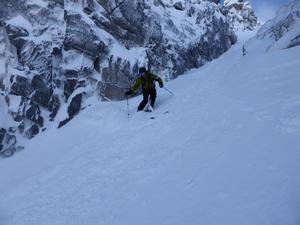 Fuselage Gully, Beinn Eighe: Descending the upper section of the gully, above the wreckage. Photo: Scott Muir