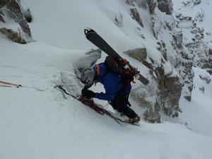 Fuselage Gully, Beinn Eighe: Setting up an abseil from the propeller Photo: Steve Clark