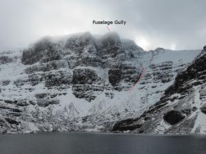 Fuselage Gully, Beinn Eighe: The location of Fuselage Gully from the corrie floor. Photo: Scott Muir