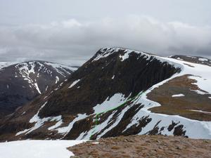 Pinnacle Gully, Braeriach - Garbh Choire Mór: Looking towards the Northwest face of Sgor an Lochain Uaine.  The ascent line to point NN947976 is marked. Photo: Scott Muir