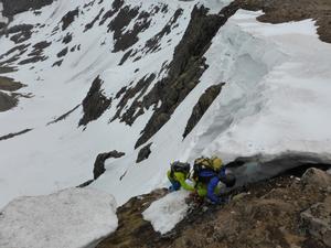 Solo Gully, Braeriach - Garbh Choire Mór: Scrambling down to a sensible starting point, May 2014 Photo: Scott Muir