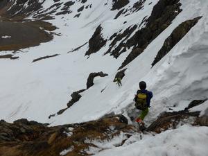 Solo Gully, Braeriach: Garbh Choire Mór: Graeme Gatherer getting first turns of the day in Solo Gully, May 2014. Photo: Scott Muir