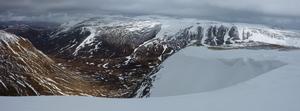 Twisting Gully (variation), Carn an Tuirc: Coire Kander: The top of Twisting Gully, showing the descent slope. Photo: Scott Muir