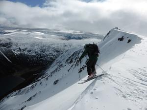 Katabatic Couloir, Sgòr Gaoith and Sgòran Dubh Mòr: Dave Anderson setting off down Katabatic Couloir in 2015 Photo: Scott Muir