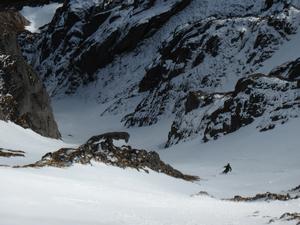 Katabatic Couloir, Sgòr Gaoith and Sgòran Dubh Mòr: Dave Anderson entering the gully section of Katabatic Couloir in 2015 Photo: Scott Muir