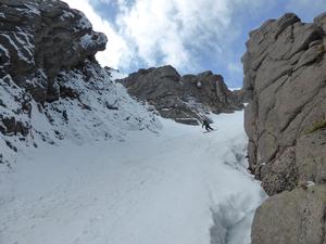 Katabatic Couloir, Sgòr Gaoith and Sgòran Dubh Mòr: Dave Anderson in the gully section of Katabatic Couloir in 2015 Photo: Scott Muir
