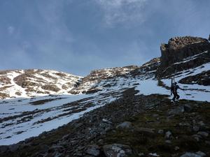 No. 1 Gully, Liathach: Coire Na Caime: Heading for No. 1 Gully, up on the left. Photo: Scott Muir
