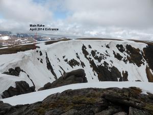 Main Rake, Beinn a'Bhuird: Coire an Dubh Lochain: A view of the entry taken by Andy Inglis in April 2014 to bypass the cornice difficulties. Photo: Scott Muir