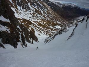 Easy Gully, Creag Meagaidh: In the lower section of Easy Gully, April 2013 Photo: Scott Muir