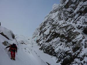 Raeburn's Gully, Creag Meagaidh: Looking up Raeburns when it's quite lean and icy. Photo: Scott Muir