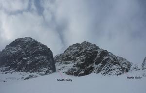 South Gully, Stob Ban: Looking up to South Gully and North Gully. Photo: Scott Muir