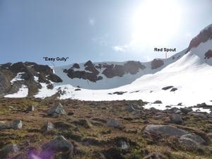 Red Spout, Lochnagar: North-East Corrie: The 'Southern Sector', April 2014.  Red Spout is banked up to a slope. The 'Easy Gully' marked is a good short run into the corrie.  Photo: Scott Muir