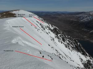 Thunderstruck, Sgòr Gaoith and Sgòran Dubh Mòr: Looking North from the summit, indicating which line is which Photo: Scott Muir