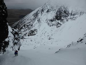 The Great Stone Shoot, Coire Lagan, Skye: Climbing into the gully Photo: Scott Muir