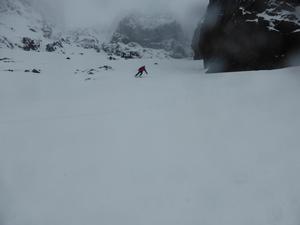 The Great Stone Shoot, Coire Lagan, Skye: Opening it up on the big slope below the gully. Photo: Scott Muir