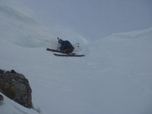 North Gully, Stob Ban: The steep entry into North Gully, on a day of strong Easterlies. Photo: Scott Muir