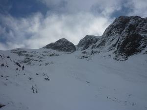South Gully, Stob Ban: From low down in the corrie.  South Gully is visible, with North Gully just hidden. Photo: Scott Muir